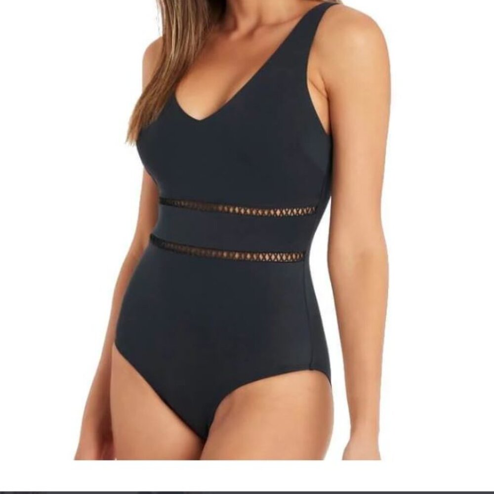 Sea Level Lola Shimmer Cross Front Spliced 1 PC Swimsuit Charcoal Black 10 NEW